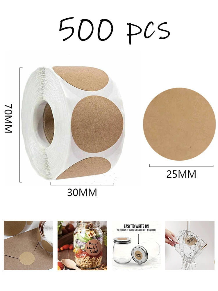 500PCs/Roll Kraft Round Stickers Self-adhesive Label Paper Sticker Classification Name Personalized Labels Thank You Stickers Qme