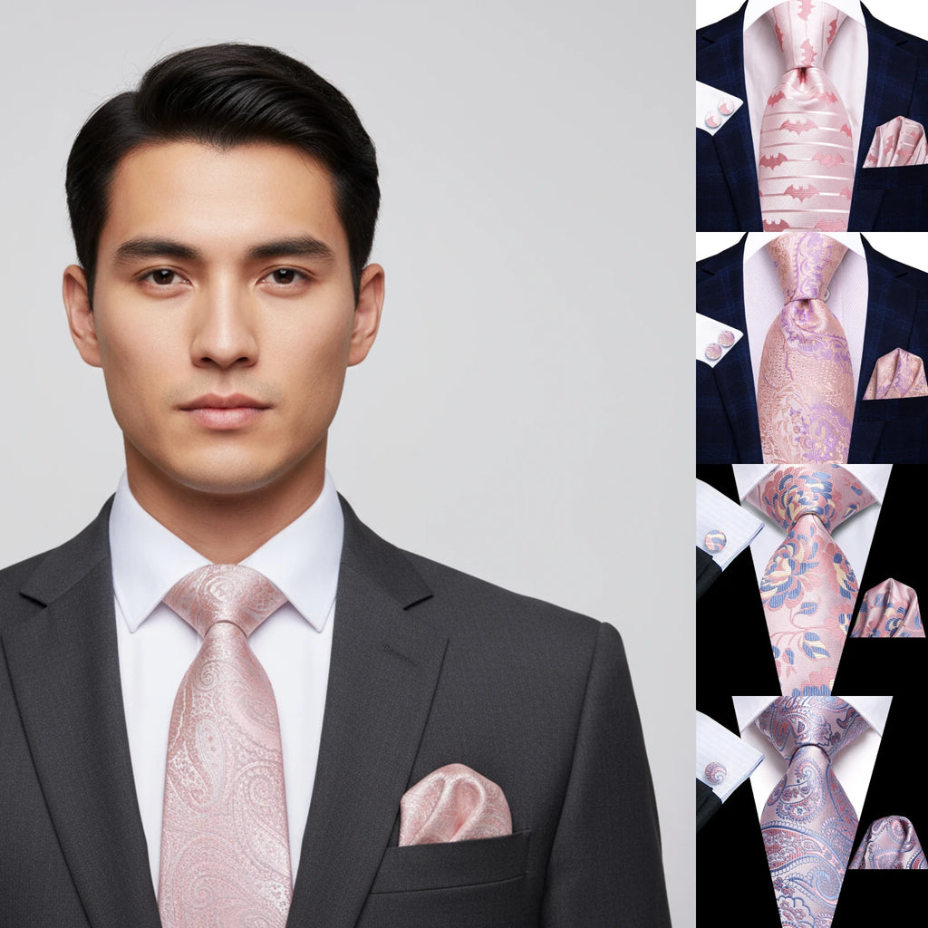 Hi-tie Mens Tie Pink Floral Stripes Solid Paisley Necktie Pocket Qme