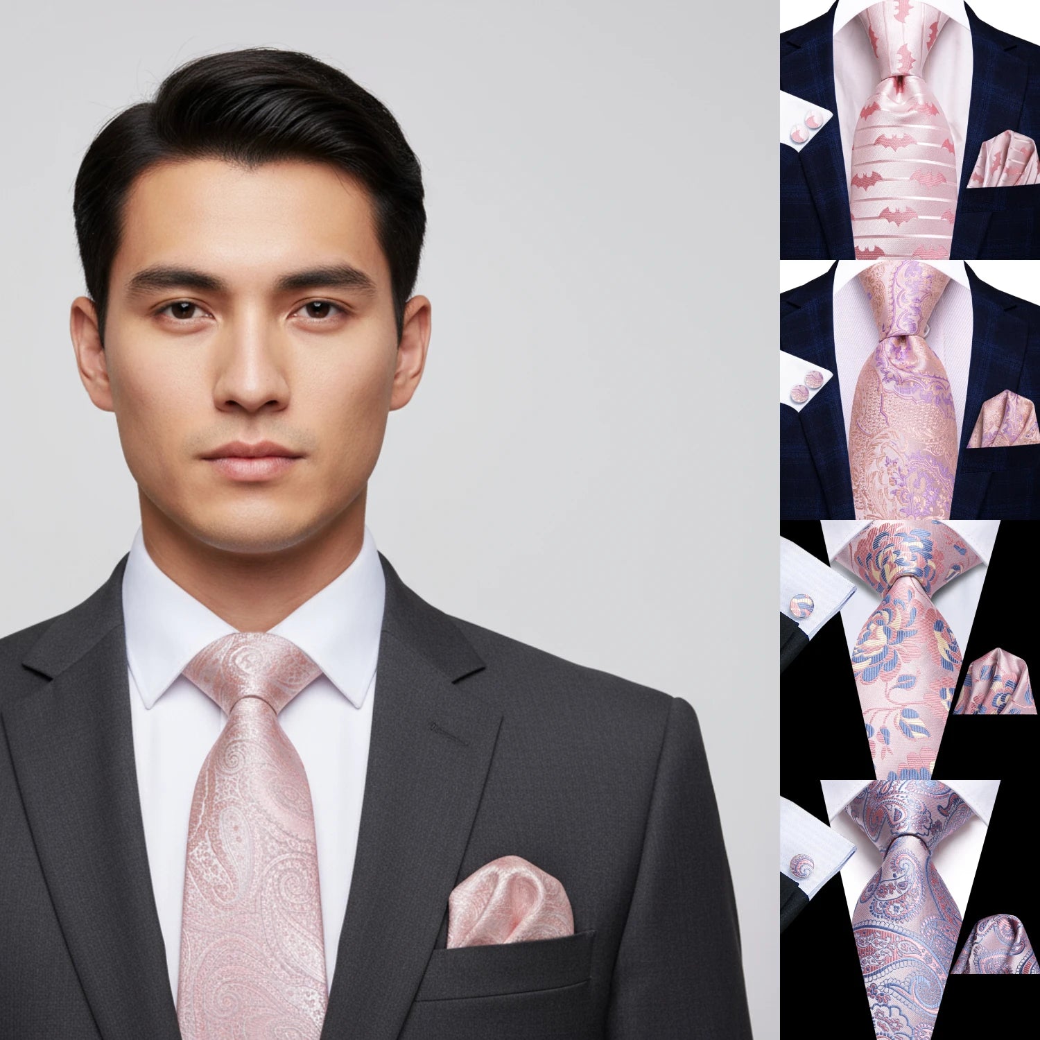 Hi-tie Mens Tie Pink Floral Stripes Solid Paisley Necktie Pocket Qme