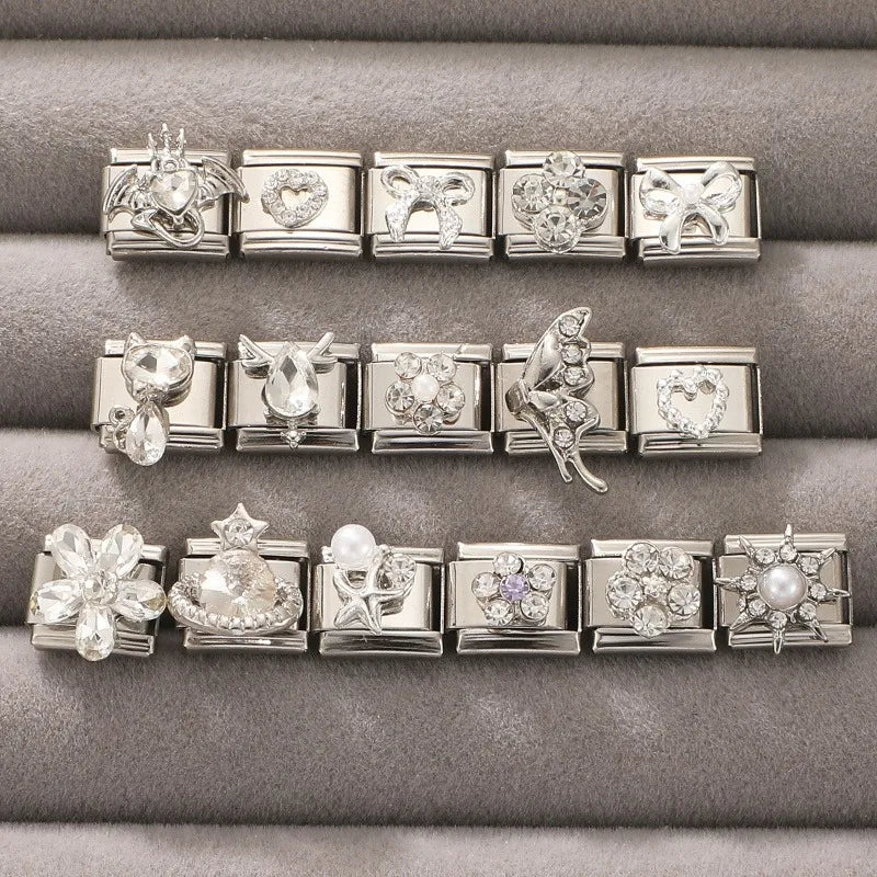 Fashion Love Heart Demon Wing Lovely Cat Elk Bowknot Shiny CZ Italian Links Charm Fit 9mm Stainless Steel Bracelet Making Gifts Qme