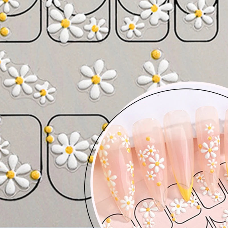 3D Embossed Floral Spring White Flowers Nail Stickers DIY Simple Qme