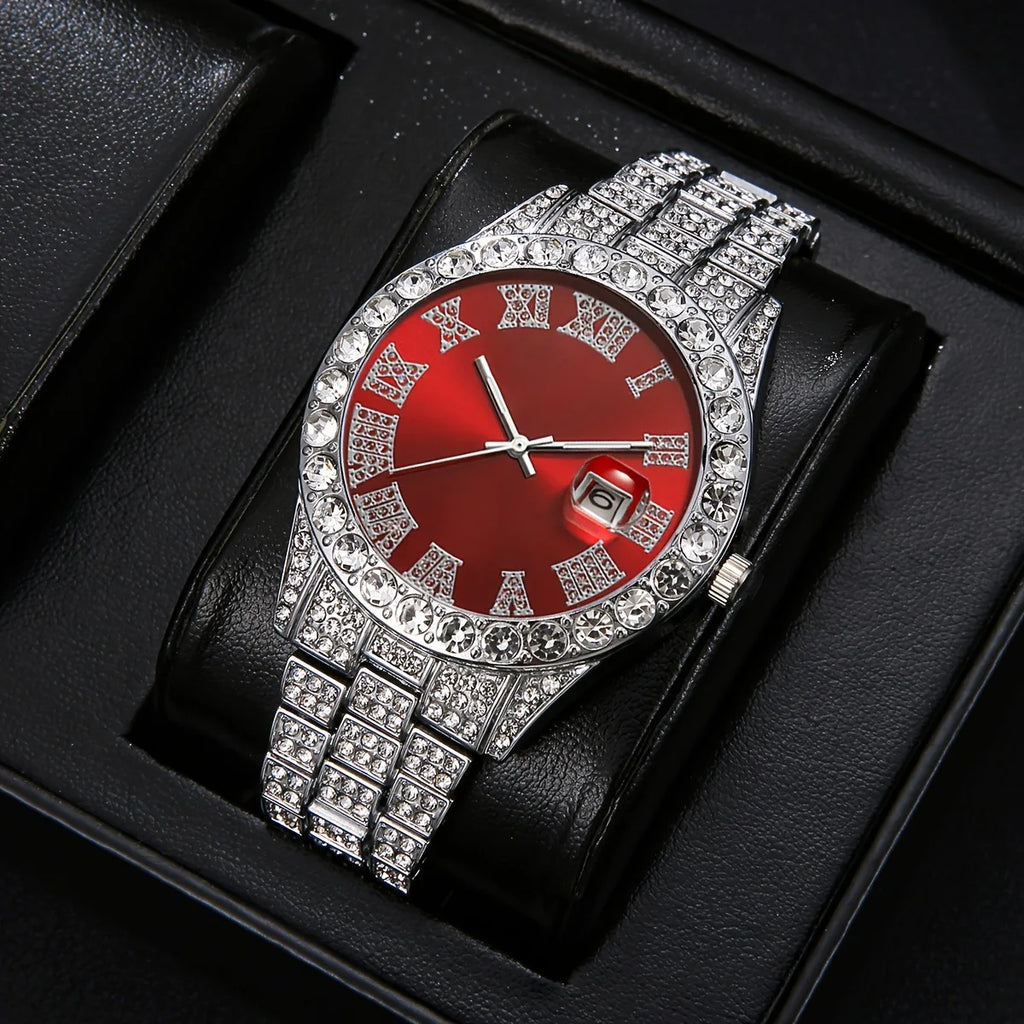 Hot Sale 4Pcs Silver Iced Out Men's Watch & Jewelry Set, Blue Dial Watch + Cuban Bracelet + Cross Necklace + Ring, Hip Hop Style Qme
