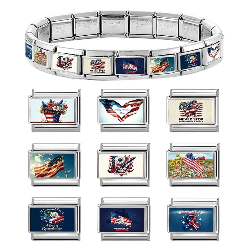 Original Design American Memorial Day Series Fresh Flower Italian Charm Links Fit 9MM Stainless Steel Bracelets DIY Making Gifts Qme