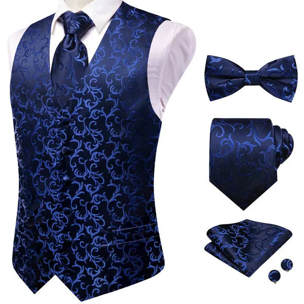 Blue Green V-Neck Paisley Waistcoat 5Pcs Set Vest Tie Bowtie Hanky Cufflinks Formal Suit Qme HT-MJTZ0137 M