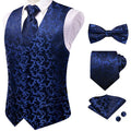 Blue Green V-Neck Paisley Waistcoat 5Pcs Set Vest Tie Bowtie Hanky Cufflinks Formal Suit Qme HT-MJTZ0137 M