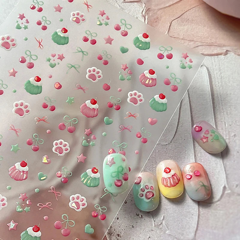 Fresh Sweet Fruits Strawberry Cherry Bowknot Love Heart Bow 5D Nail Qme