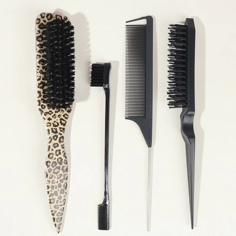 Boar Bristle Slick Back Hair Brush for Sleek Ponytail Bun & Smoothing Baby Hairs, Flyaways, Edge Control - Backcombing & Teasing Qme 4PCS Leopard Set