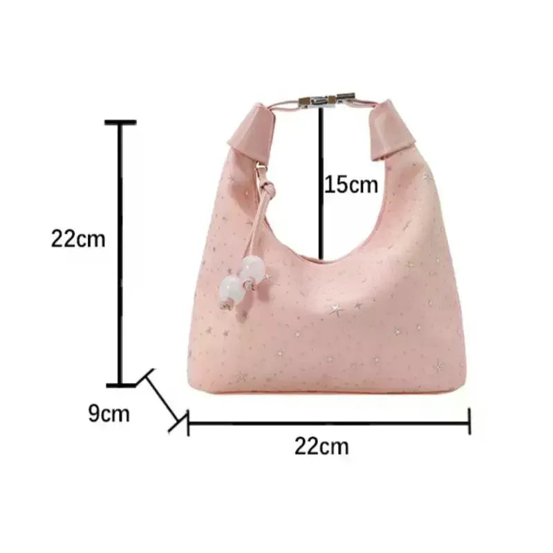 Sweet Sparkling Stars Shoulder Bag Nylon Texture Pearl Pendant Crossbody Bag Small Bucket Handbag Women Girl Qme