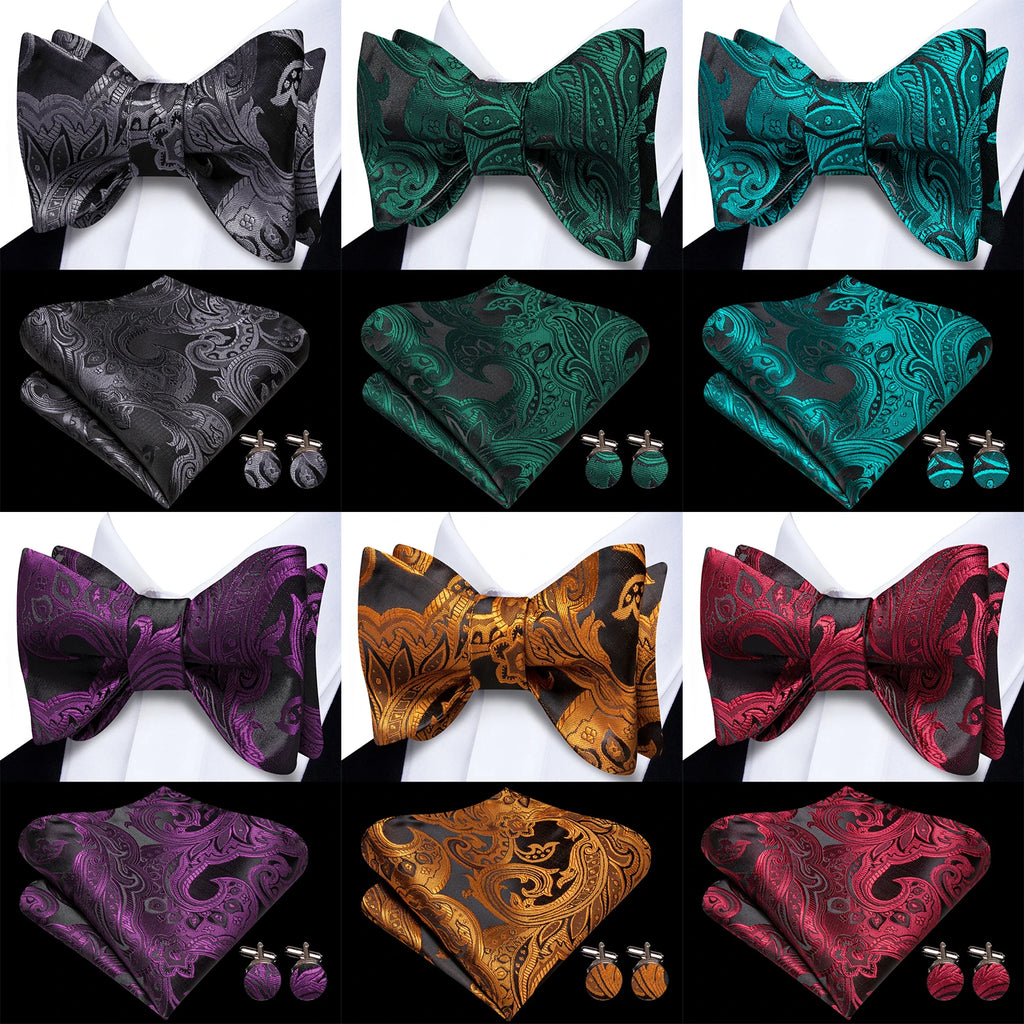 Men's Stylish Two-tone Paisley Tie Including Bow Handkerchief Qme