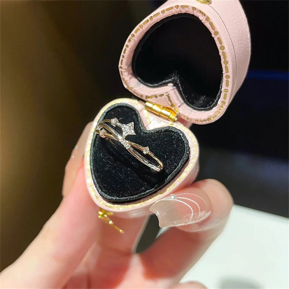 Sparkling Zirconia Star Ring Women's Light Luxury Charm Minimalist Fashion Style Four Star Opening Adjustable Daily Ring Qme