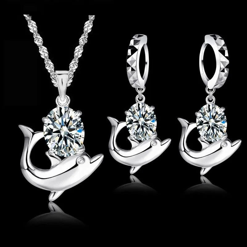 Fashion Austrian Crystal Jewelry Set 925 Sterling Silver Color Sweet Dolphin Pendant Necklace Loop Earrings Sets for Women Qme Default Title