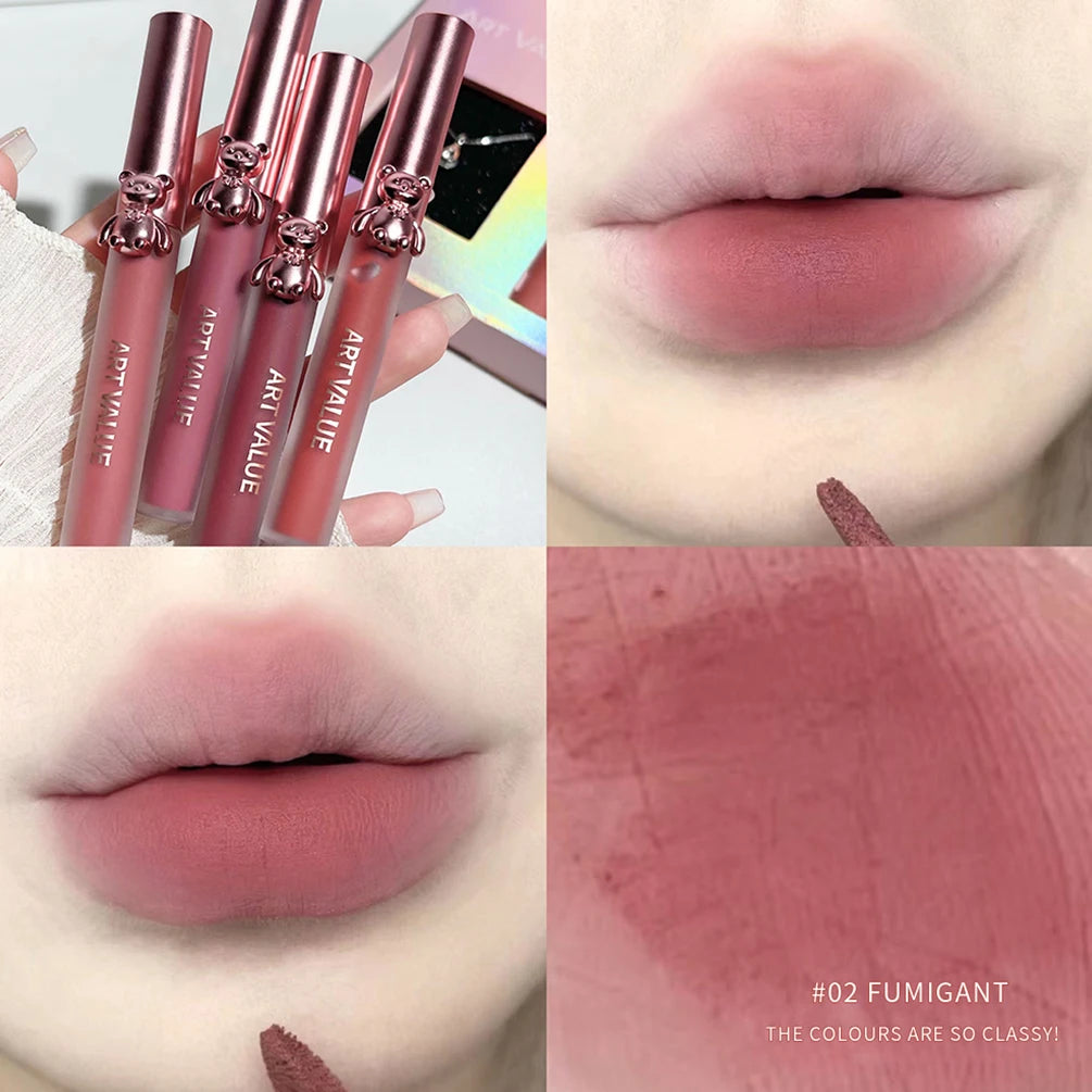 4Pcs Lipgloss Liquid Lipstick Long Lasting Moisturizing Makeup Mirror Lip Glaze Set With Necklace Lip Tint Cosmetics For Women Qme