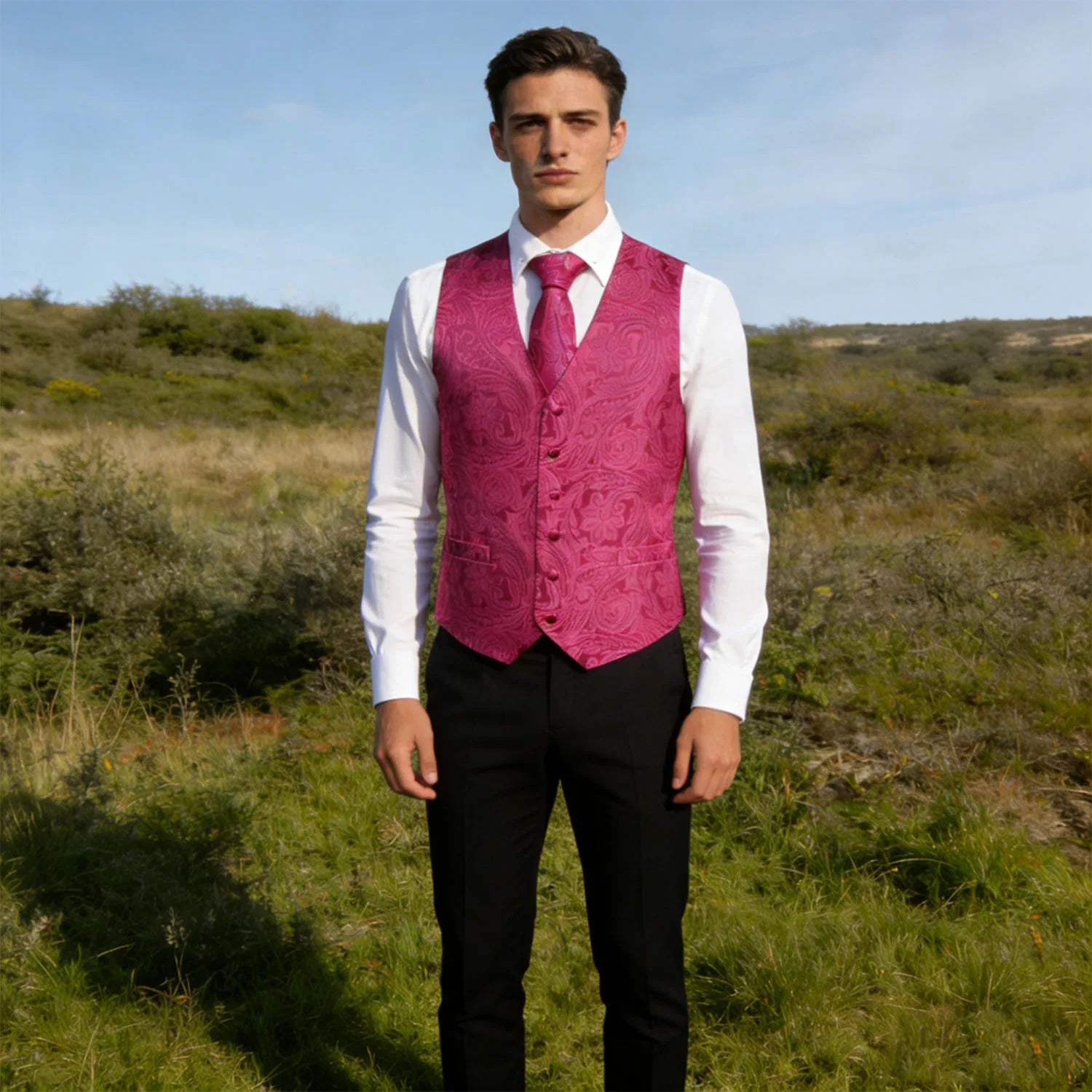 Men's Rose Pink Floral Vest Tie Hanky Cufflinks Formal Waistcoat Qme