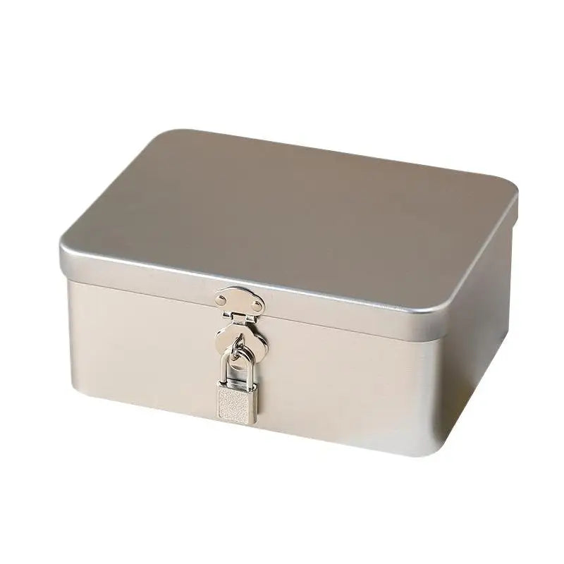 Silver Lockable Tin Storage Box Multifunctional Desktop Metal Jewelry Qme