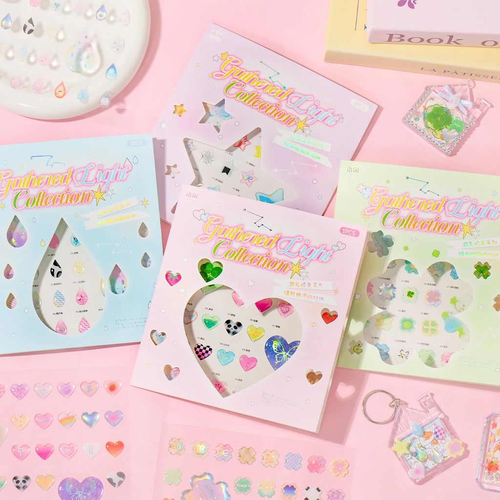 1 Sheet Cute Heart Shamrock Laser Silver Epoxy Sticker for DIY Scrapbooking Collage Guitar Phone Case Decoration Qme