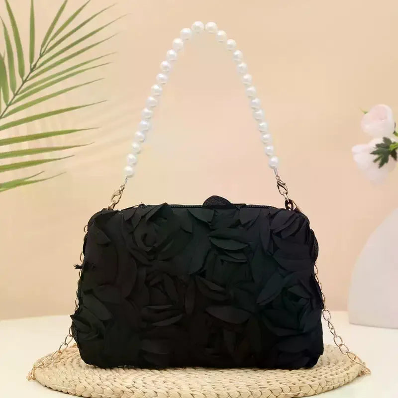 Ladies 3D Rose Floral Shoulder Bag With Pearl Handle Detachable Chain Perfect For Wedding Party Evening Date Qme