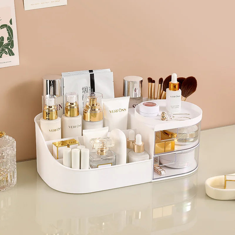 Makeup Storage Box With Mirror Desktop Dressing Table Makeup Mirror Cosmetics Jewelry Storage Box Touch Light Storage Organizer Qme LIvoryWht