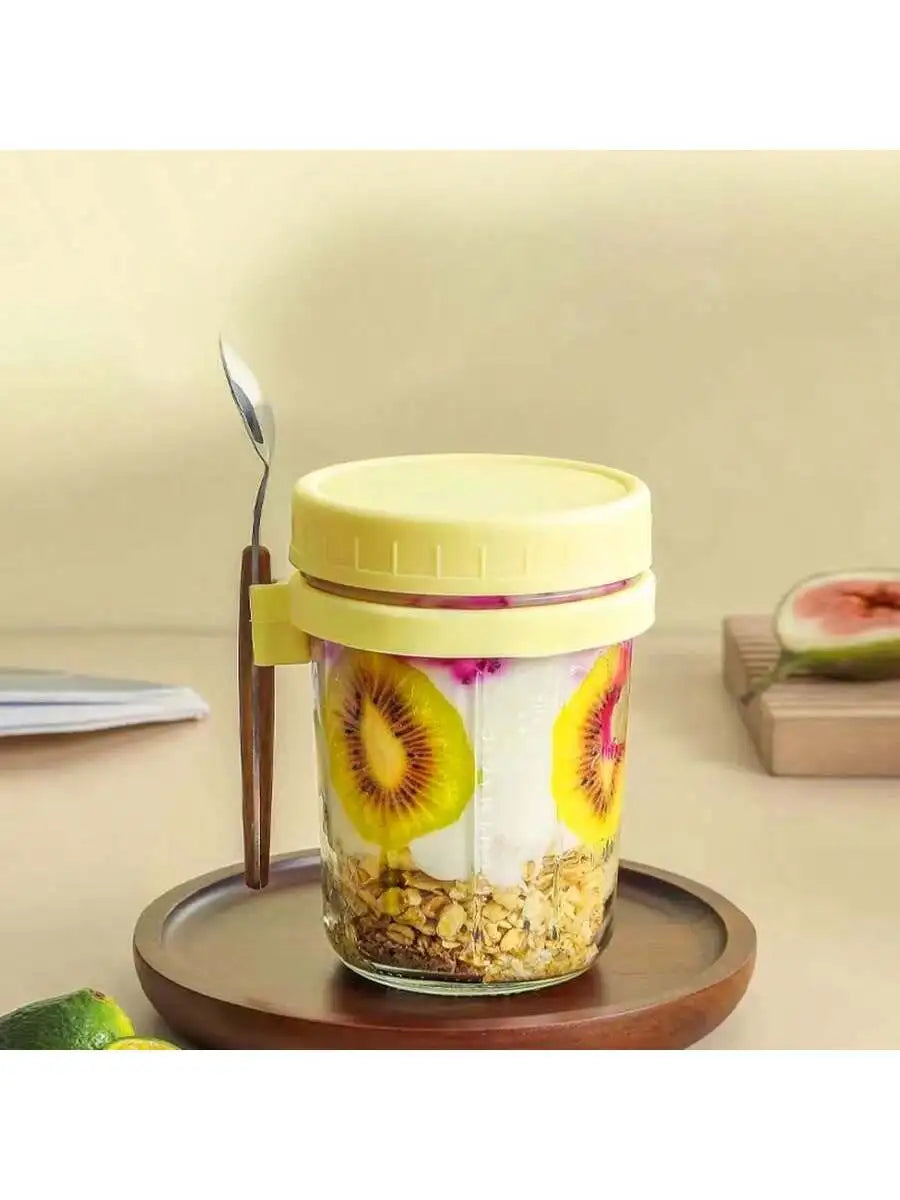 Overnight Oatmeal Container Lid Spoon Large Capacity Airtight Jar Qme yellow