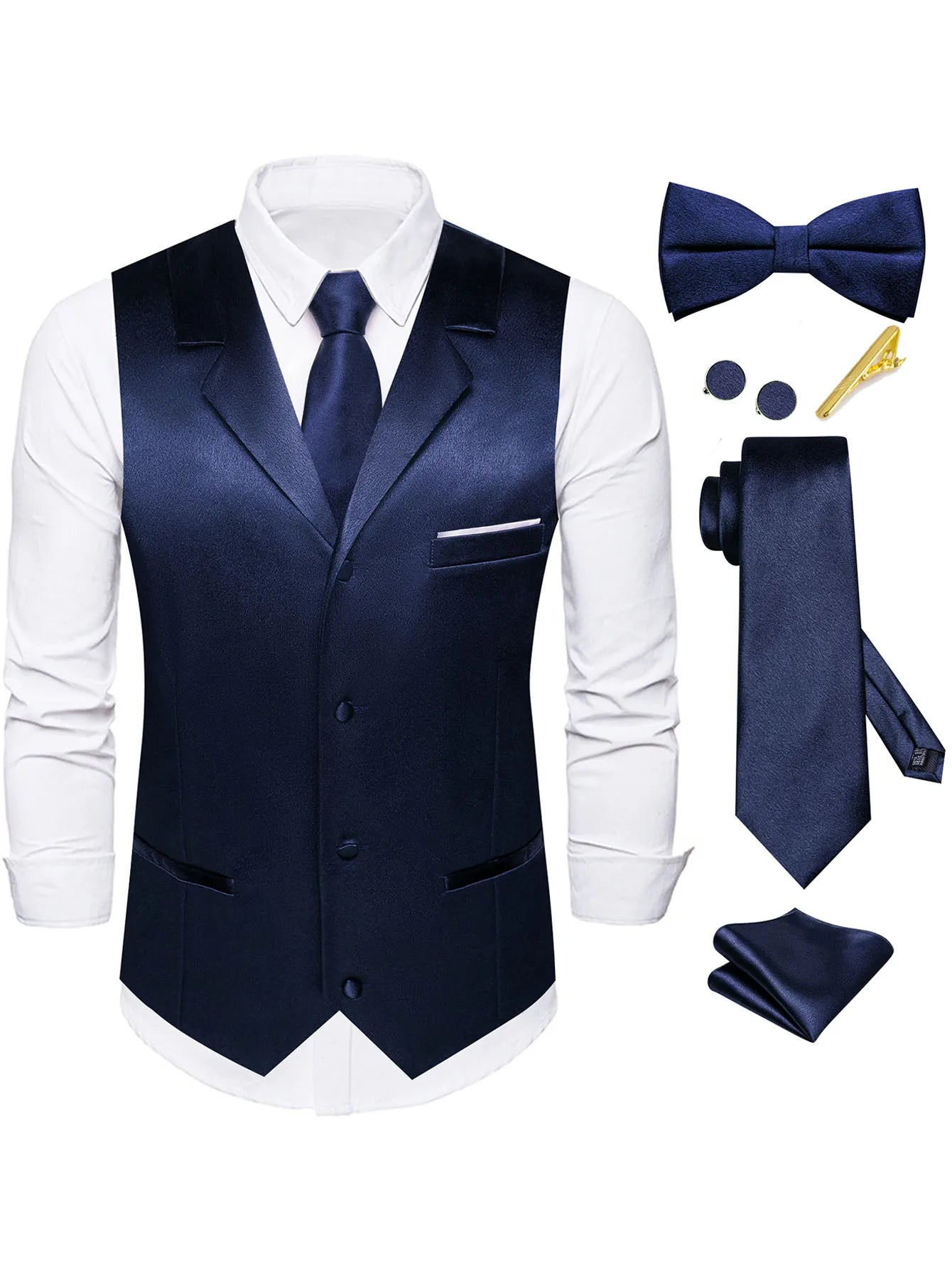 Men's Satin Vest Tie Hanky Cufflinks Bowtie Clip Formal Waistcoat Qme MJTZ3129-DPTLJ01 XL