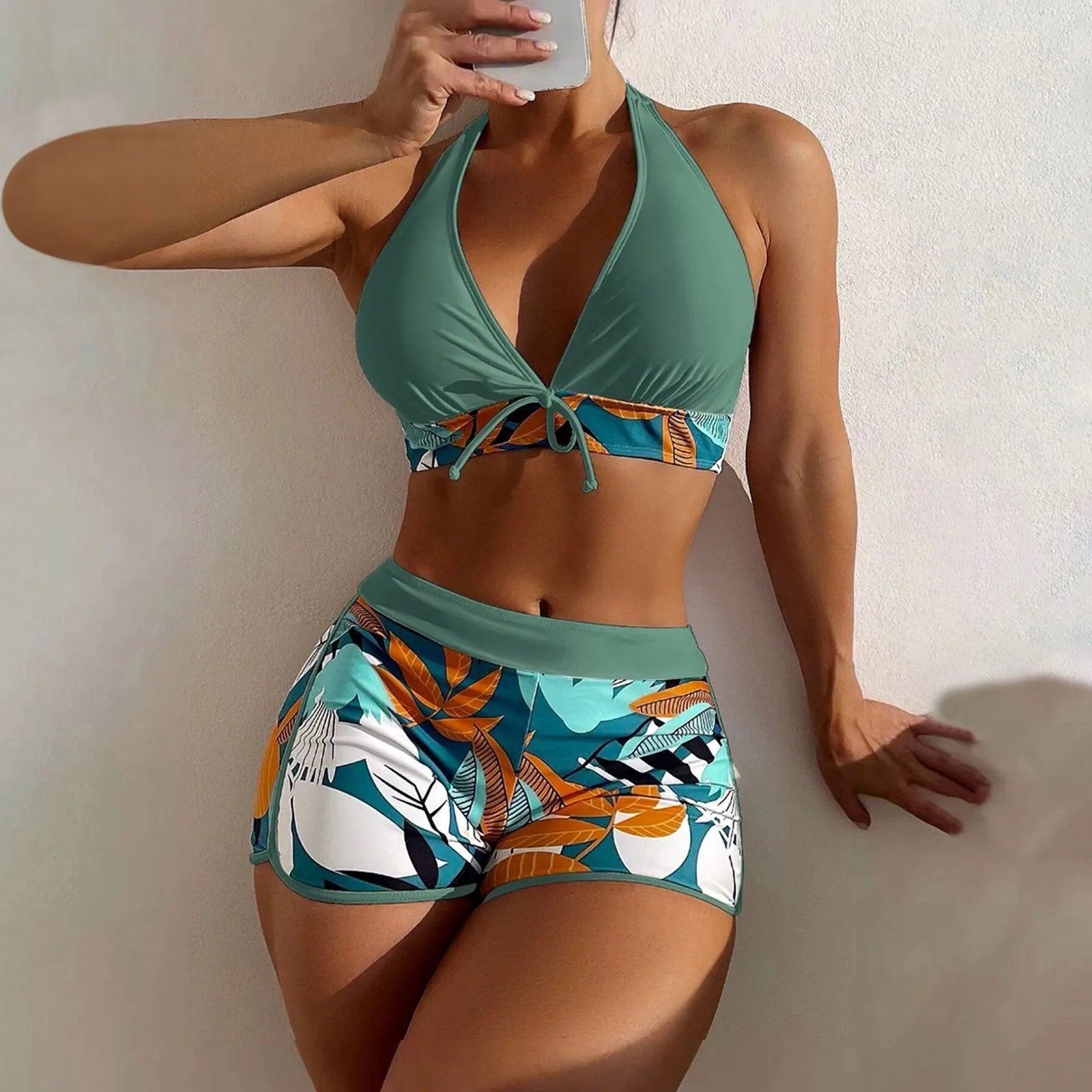 Women's Paneled Printed Swimsuit Ladies Fashion Sexy Split Boxer High Waist Swimsuit Two-Piece Set V-Neck Bathing Suits Female Qme Dark Green L