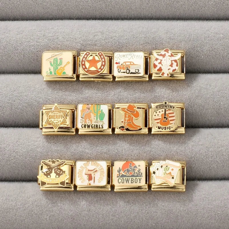 Y2K Star Poker Vintage Car Cactus Golden Italian Charm Links Stainless Steel Fit 9mm Bracelet Women Jewelry DIY Making Wholesale Qme