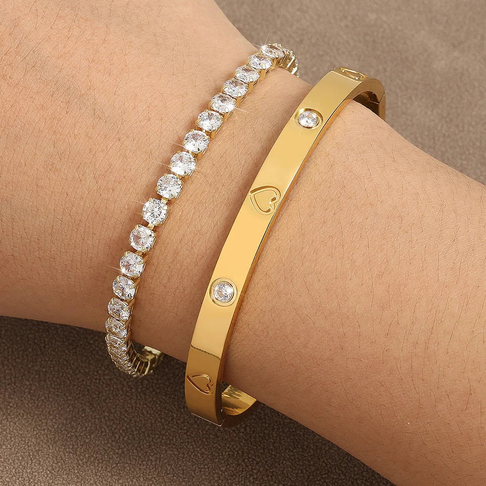 2PCS Colorful Shiny Zircon Stacked Bracelet Bangles High Quality Gold-plated Stainless Steel Jewelry Bracelet Bangles Set Gift Qme Gold Bangle Set