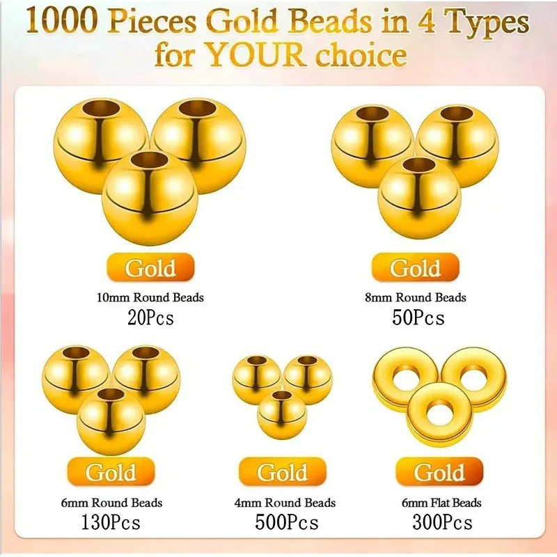 1000pcs Golden Spacer Beads Kit CCB Ball Round Smooth Loose Beads Kit For Bracelets Making Craft DIY Jewelry Making Supplies Qme