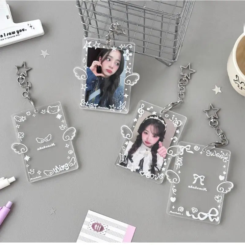Clear Acrylic Photocard Holder Adorable Wing Print Star Keychain Portable for Fans Backpack Hanging Decor Gift Qme
