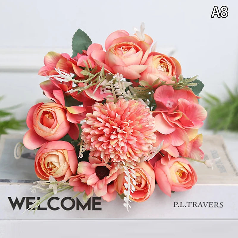Artificial 1PC Flowers Wedding Home Bedroom Decoration Bridal Bouquet Garden Fake Silk Roses Hydrangeas Vase For Board Outdoors Qme style 14