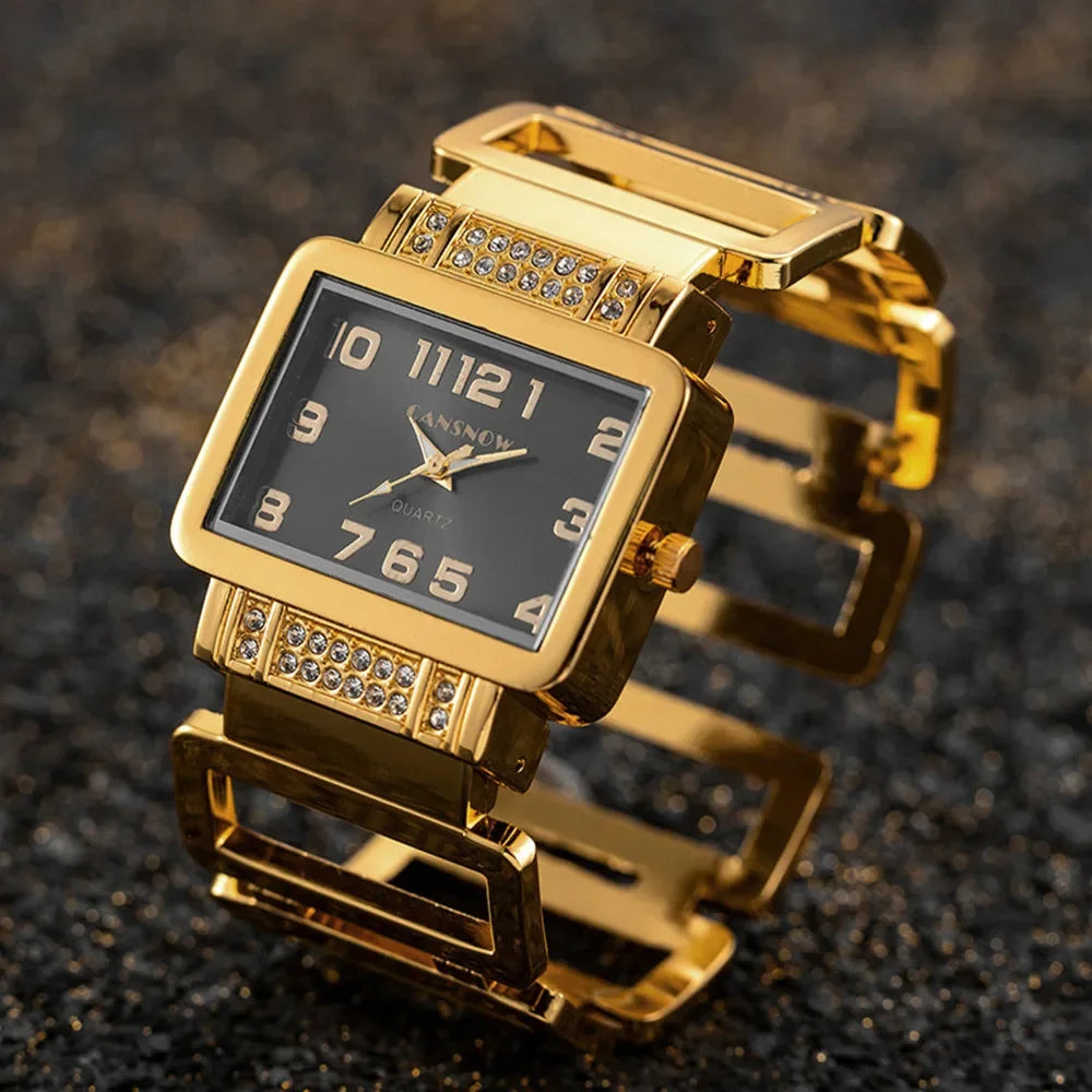 Cansnow Rectangle Ladies Watch Bracelet or Silver Bracelet Watches for Women with Hollow Stones and Quartz Fashion Clock Qme