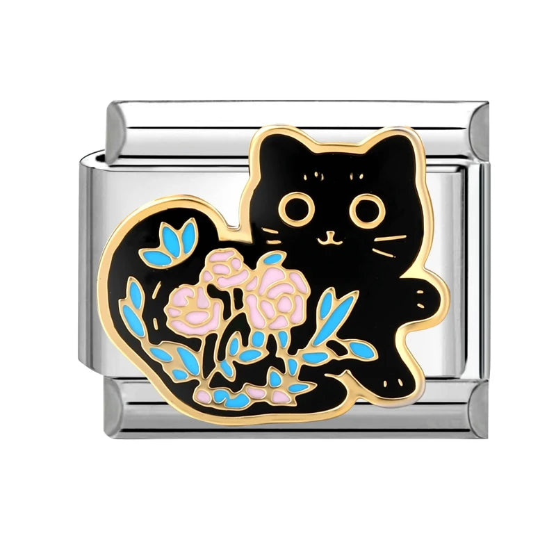 Fashion Colorful Cat Tulip Daisy Flowers Heart Charm Italian Links