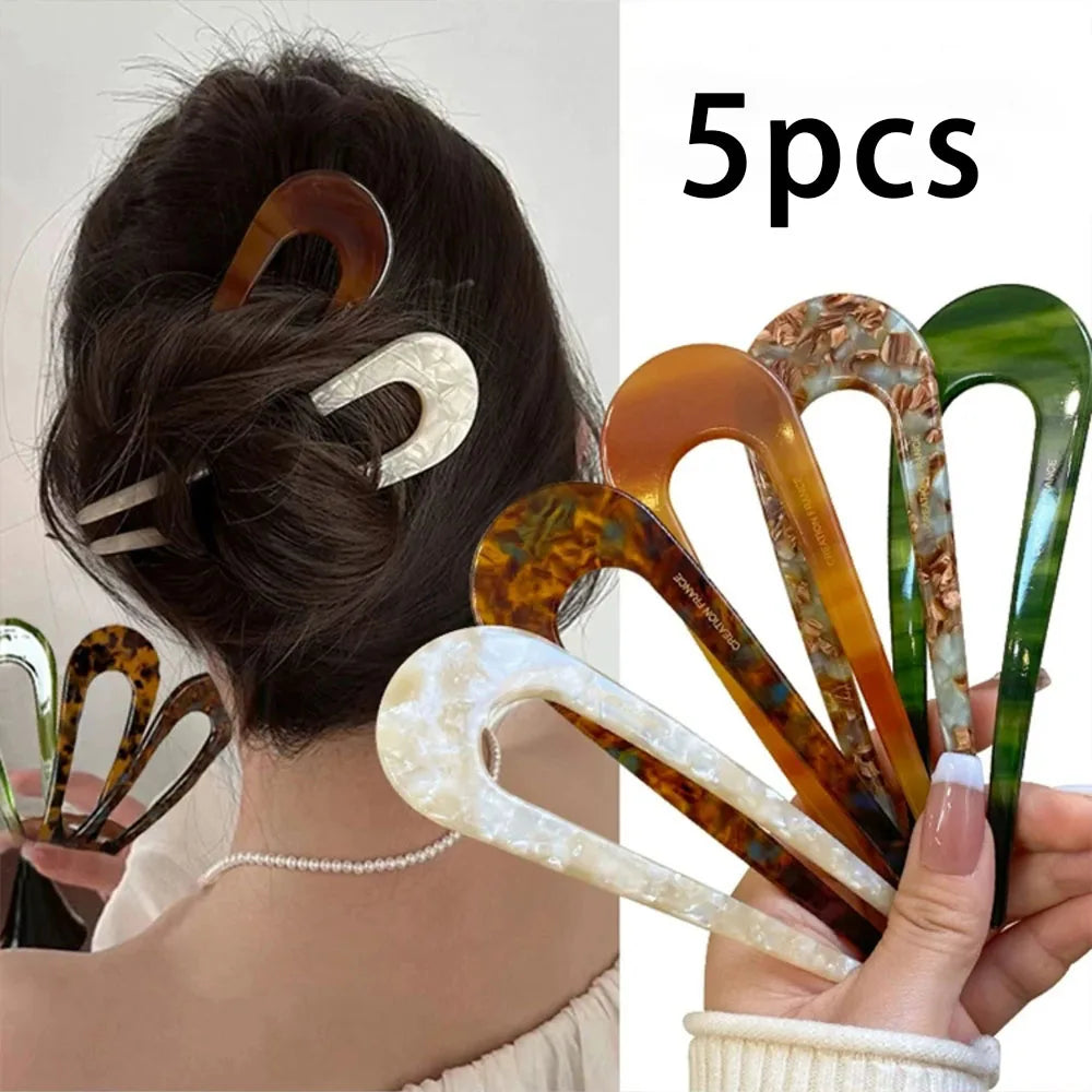 U Shaped Hair Stick Vintage French Hair Pin Women Acetate Hair Accessories DIY Retro Hairstyle Tool New Hair Clips 2025 New Qme 5pcs