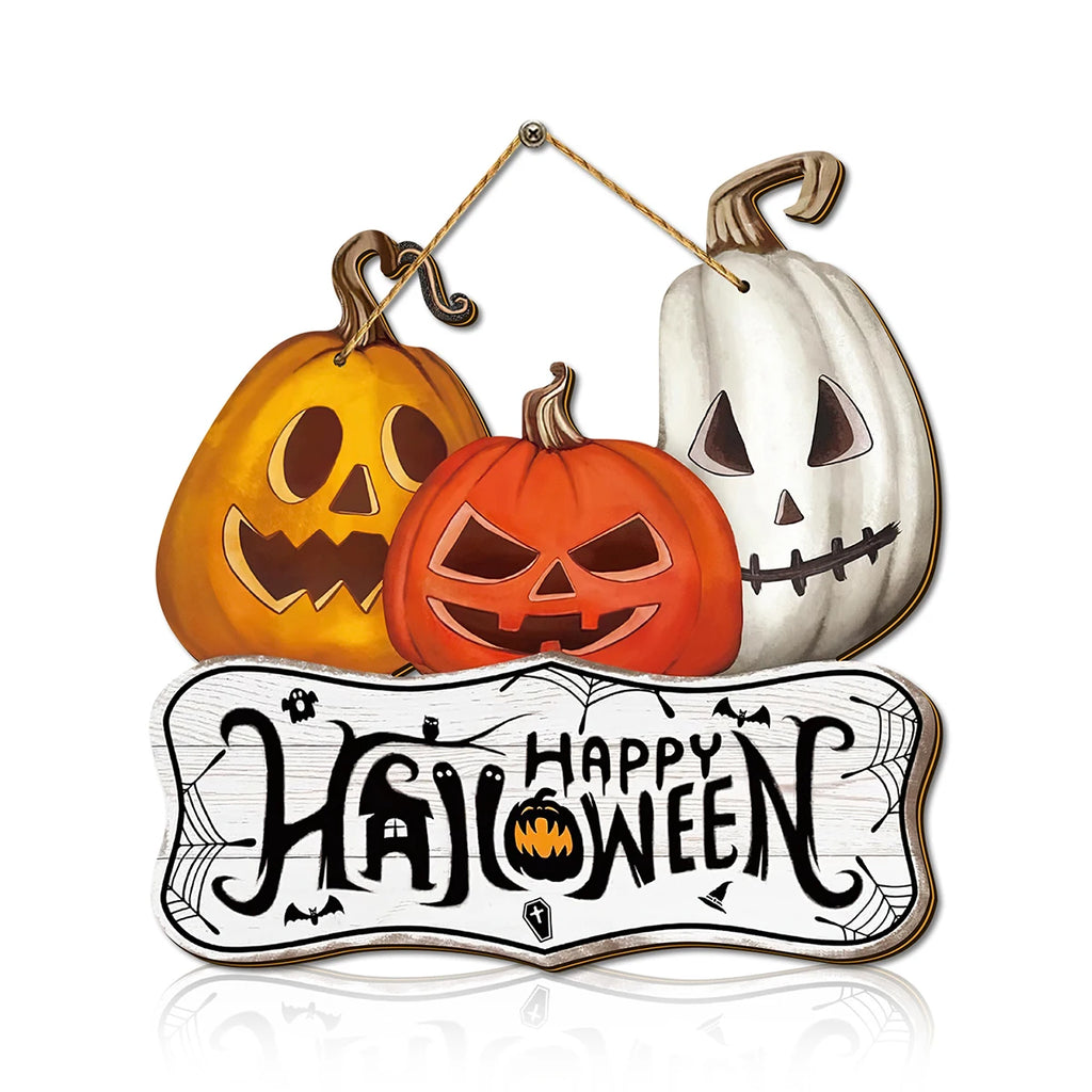 Halloween Wooden Wall Hanging Sign - "Happy Halloween" Orange, Yellow, White Jack Pumpkin Decoration, Halloween Decoration Qme YX0346