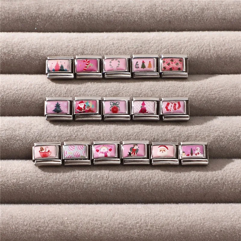 2025 Original Pink Christmas Tree Snowman Xmas Elk Wreath Sock Santa Claus Italian Charm Fit9mm Stainless Steel Bracelet Jewelry Qme