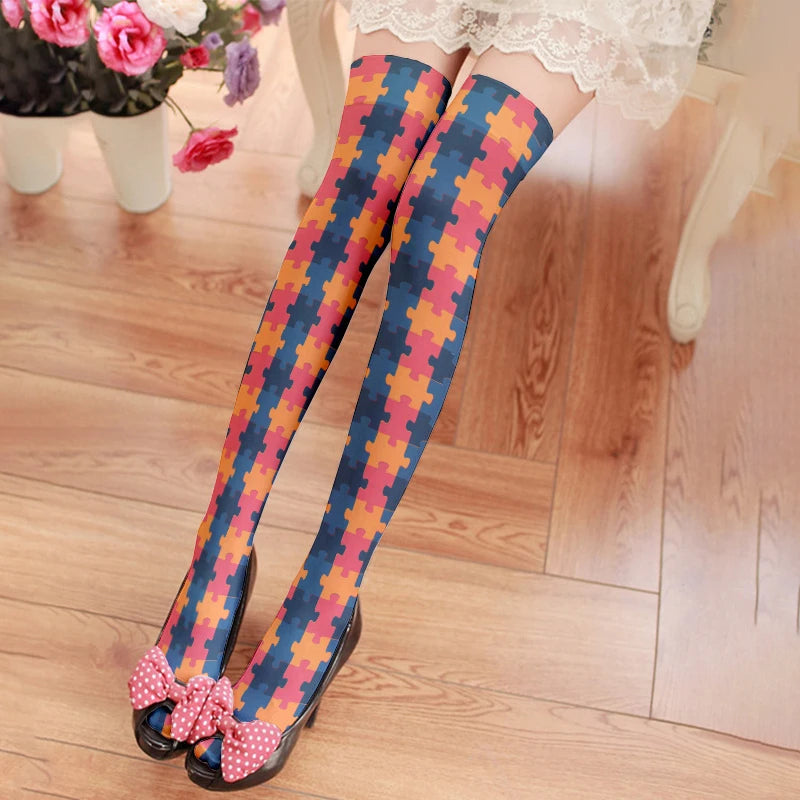 Novelty Puzzle Pattern Stockings Harajuku Sexy Plaid Knee Socks Qme