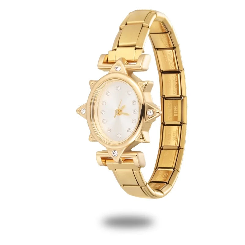 2025New Vintage High Quality Oval Inlaid Zircon Stainless Steel Watch Bracelet Women's 9MM DIY Italian Charm Bangle Jewelry Gift Qme Style 8