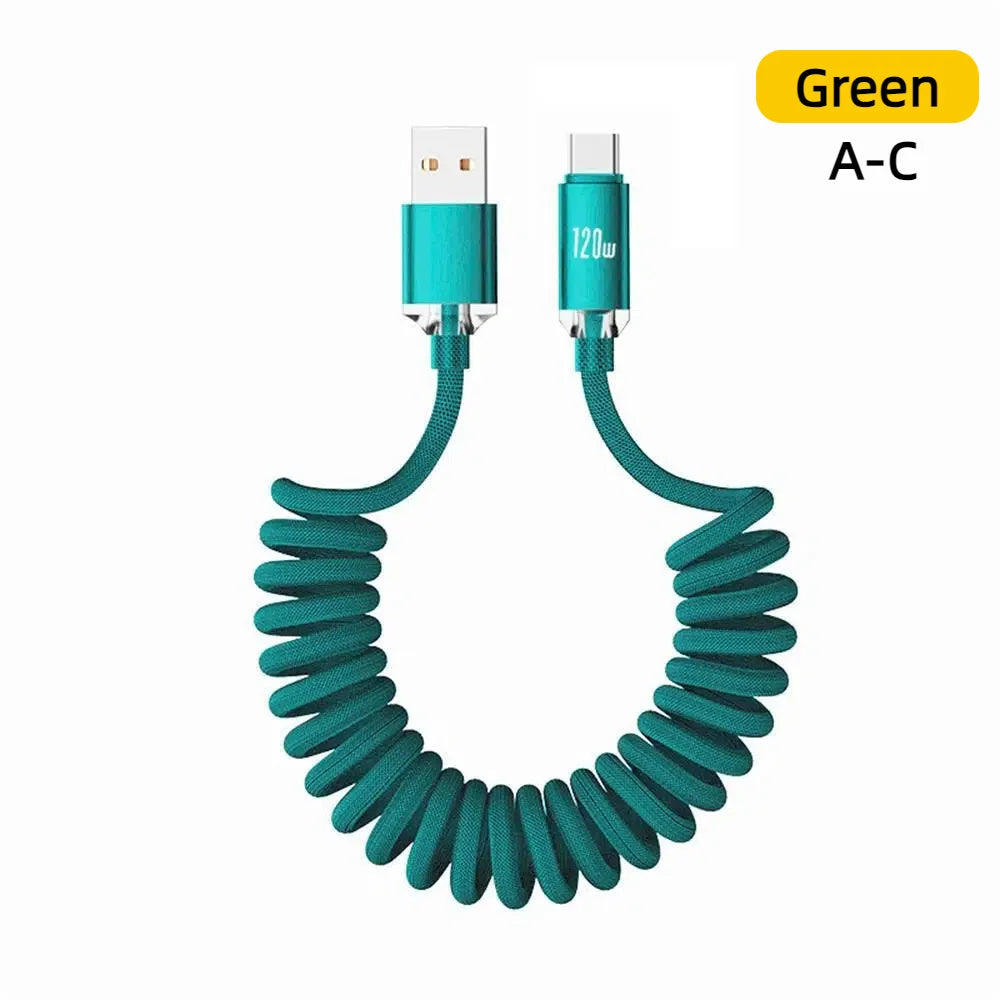 120W Car Spring Cable USB Type C Cable Retractable Spring Fast Charging Data Cord Dual PD Quick Charge Cable For iPhone Samsung Qme green A-C 2m