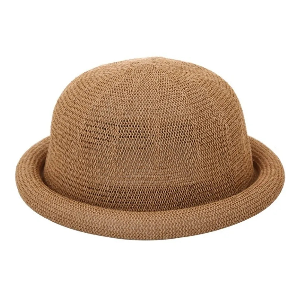 Casual Solid Bucket Hat Cotton Linen Rolled-brimmed Fedora Breathable Qme Brown