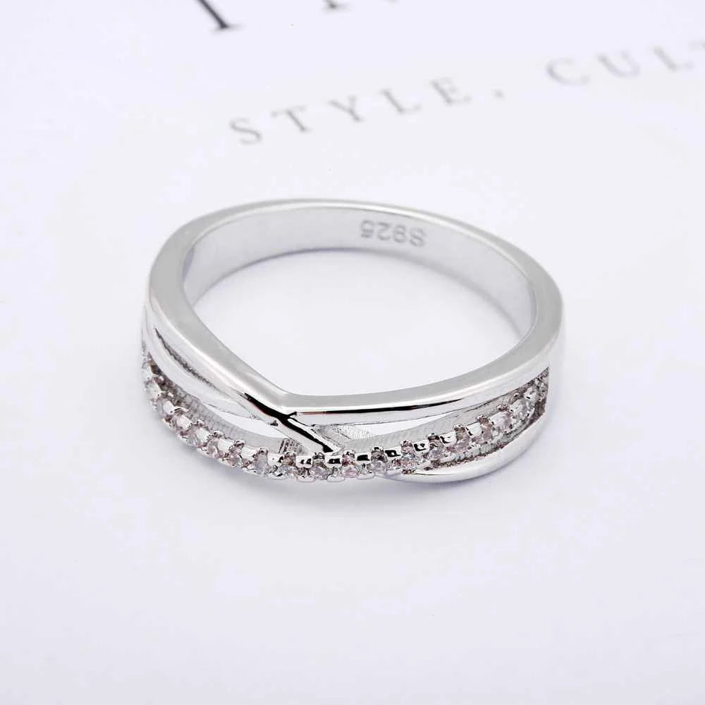 New Wide Cross Cubic Zircon 925 Sterling Silver Color Ring Fashion Female Jewelry Infinity Women Wedding Rings For Party Qme