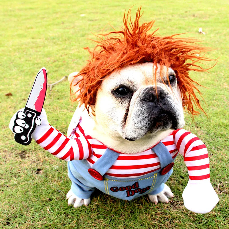 Small and Medium Sized Pet Dog Funny Clothes Cosplay Fatal Dolls Henshin Outfit Wig Upright Scary Costume Halloween Gatherings Qme