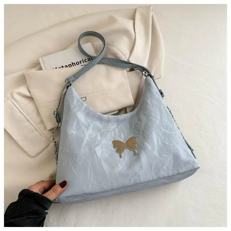 Women Fashion Shoulder Crossbody Dual-use Bag Silver Butterfly Decor Large Capacity For Daily Commute Shopping Travel Qme Blue