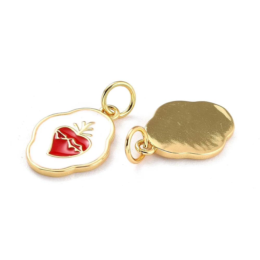10pcs Brass Enamel Sacred Heart Oval Pendants, Cd/Pb Free Long-Lasting Plated, 16x11x1.5mm 3.6mm Hole for DIY Necklace Making Qme