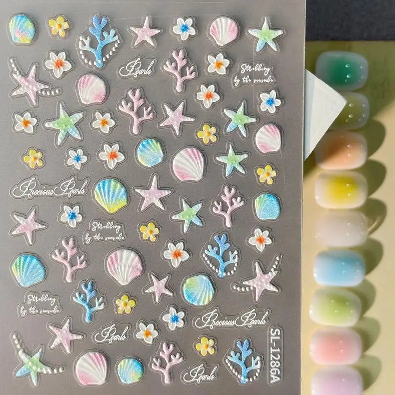 3D Ocean Themed Nail Art Stickers Embossed Starfish Pattern Self Qme A4