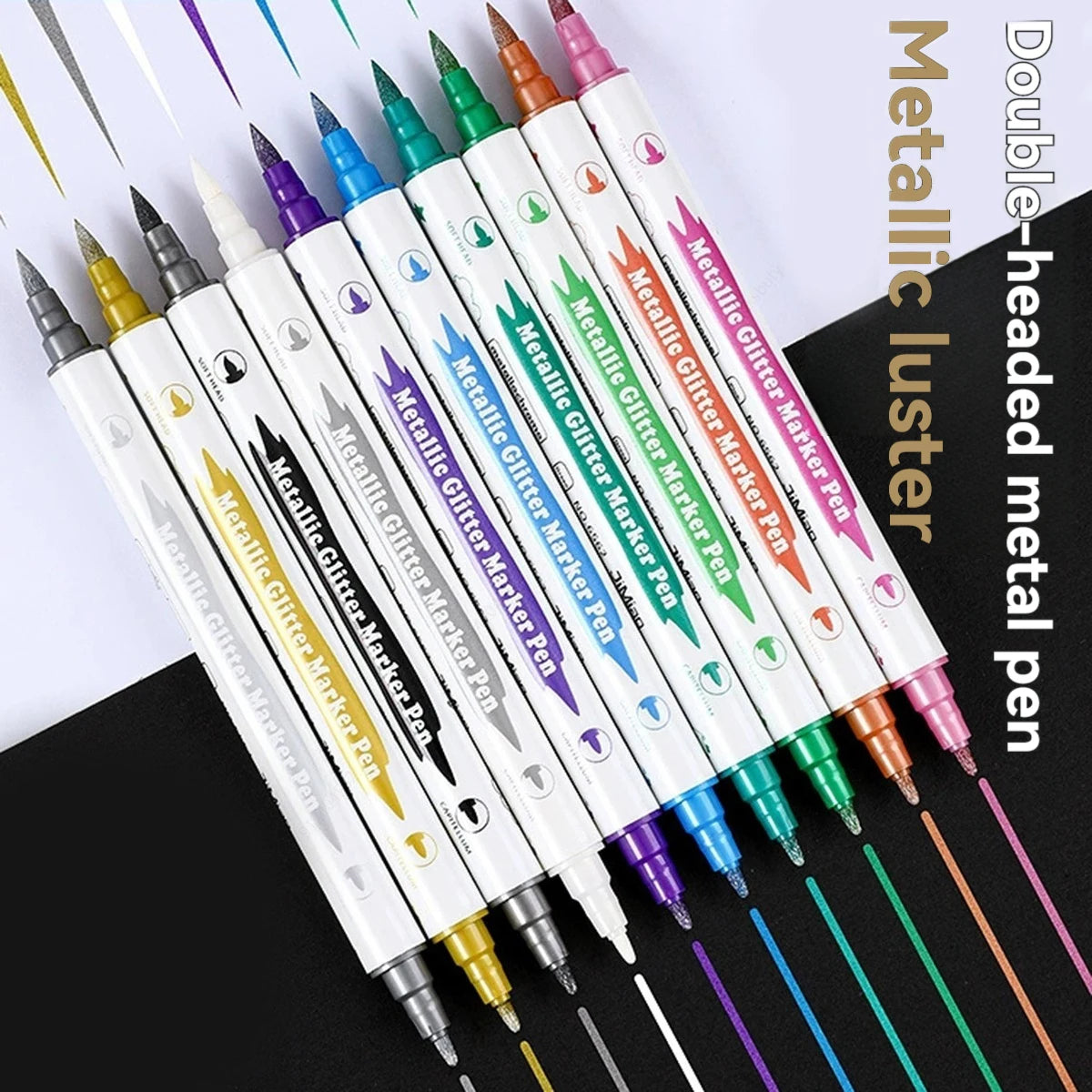 10Pcs Metallic Glitter Dual Tip Marker Pens, with Brush And Fine nibs, For Album DIY, Black Cards, Scrapbooking, Craft Supplies Qme 10 colors