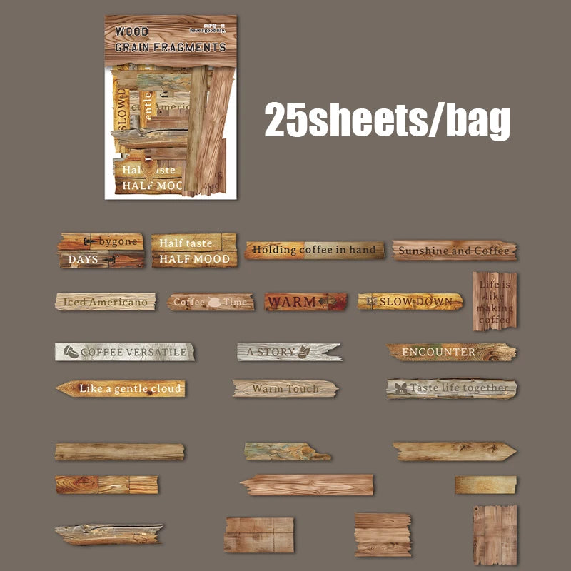 25 Sheets/Bag Wood Grain Tree Rings Themed Embossed Hard Card Stickers for DIY Scrapbook Phone Case Decoration Student Reward Qme 6