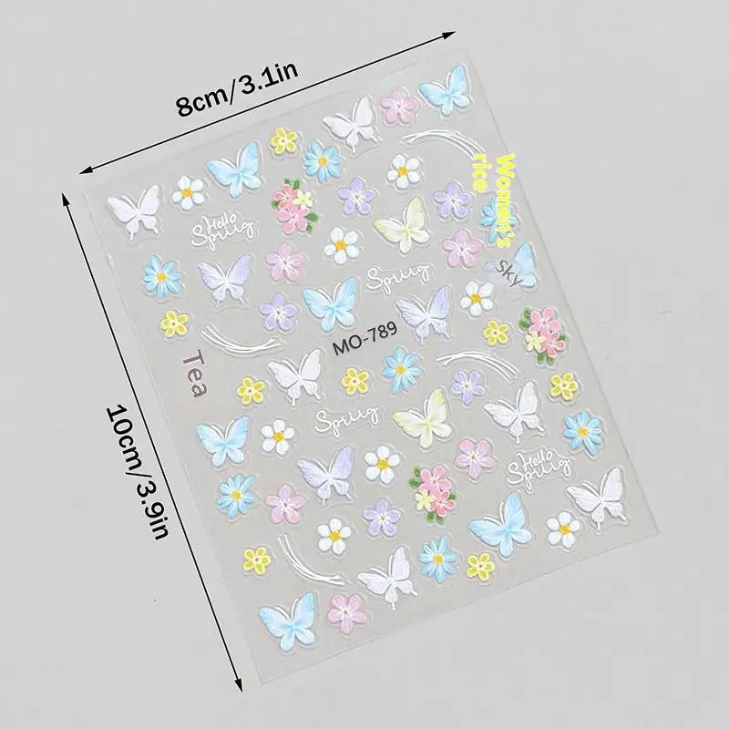 Dopamine Spring Flowers Butterfly Small Tulip Relief 3D Nail Stickers Qme