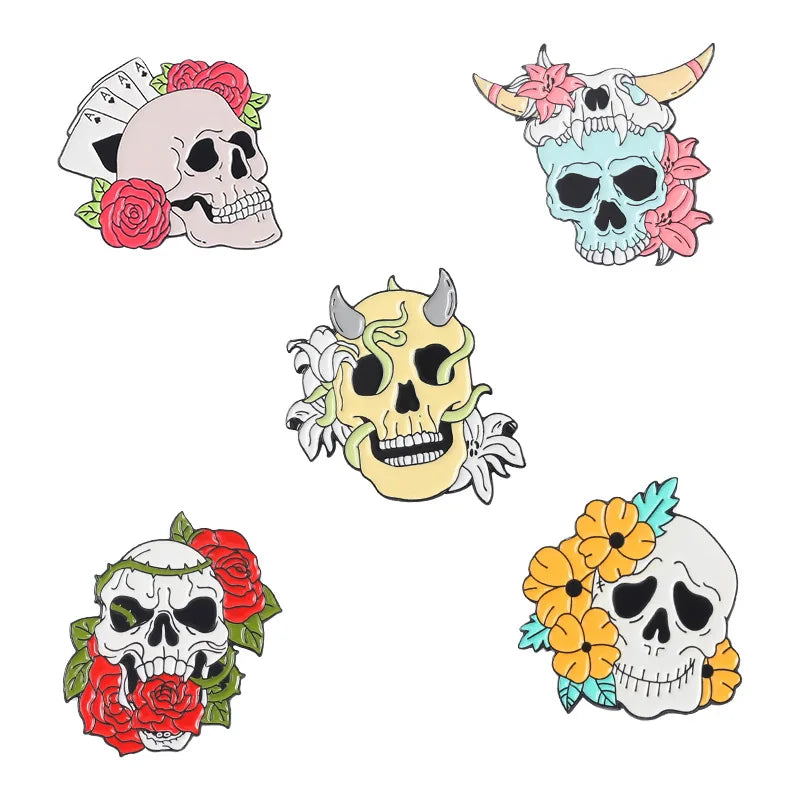 Flower Skeleton Enamel Pins Skull Badges Punk Plant Brooches Lapel Clothes Backpack Gothic Women Men Kids Jewelry Gift Wholesale Qme set