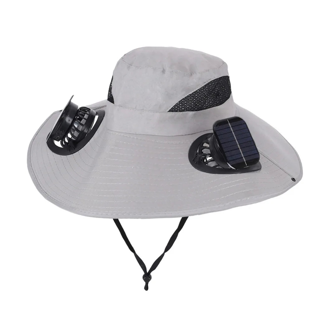 Convenient Dual Fan Solar Hat Breathable 3 Speeds Summer Visor Cap Qme Grey Square