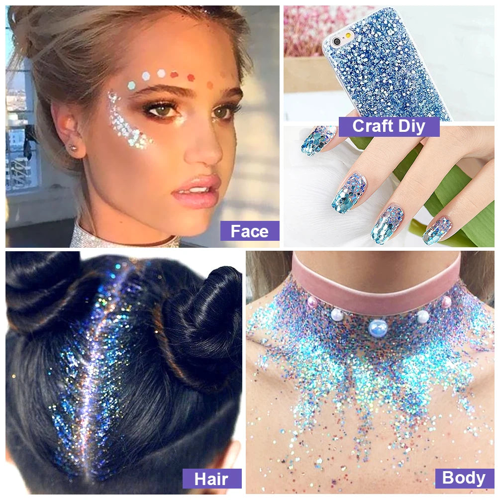 QIBEST Festival Body Glitter Gel Face Eye Glitter Eyes Holographic Cosmetics Laser Powder Chunky Nails Hair Glitter Makeup Sets Qme