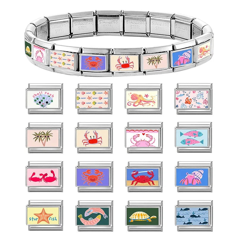 Dropshipping Wholesale Crabs Pattern Fish Shell Whale Italian Charm Links Fit 9mm Stainless Steel Bracelet DIY Making Gifts 2026 Qme